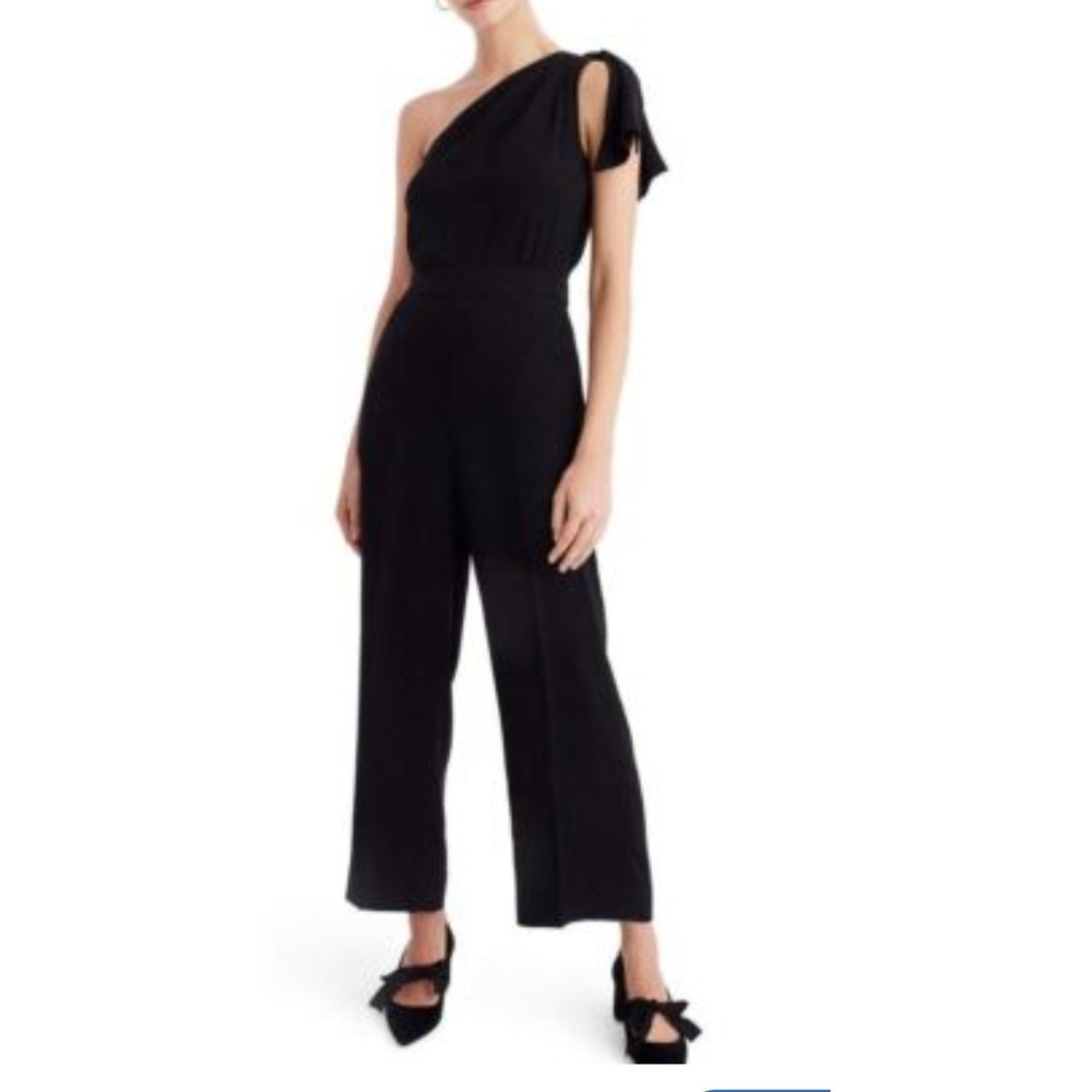 New J Crew One Shoulder w/ Bow Black‎ Ankle Jumpsuit Pockets  Size 4
